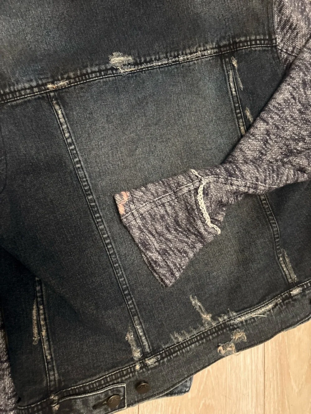 Free People Hooded Mixed-Media Jean Jacket in Dark Blue and Heather Gray - Picture 8 of 9